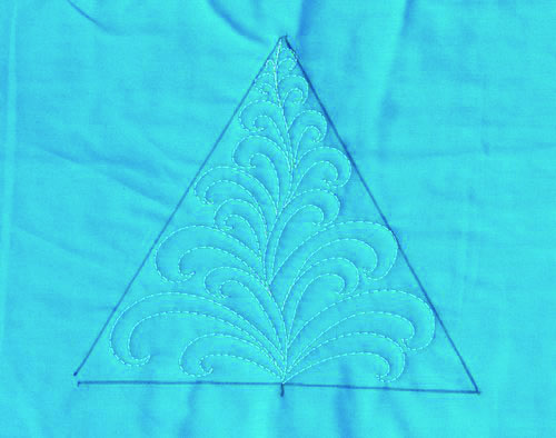 Block Sample 4 show how to quilt quarter-square triangles with hook feathers.